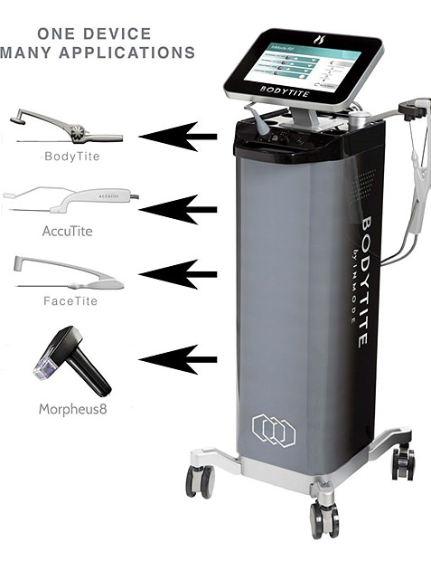 BodyTite radiofrequency device with applicators for FaceTite, AccuTite, and Morpheus8 used for skin tightening and contouring treatments. 