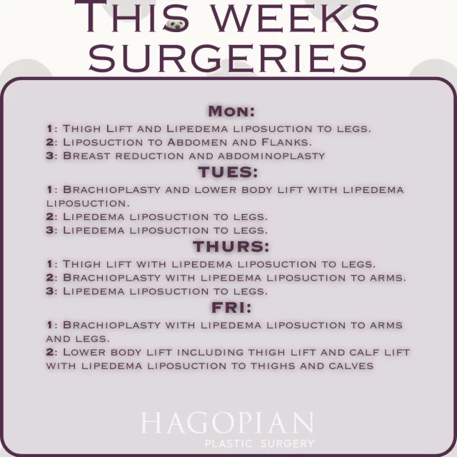 This week in the OR, our focus is on restoring balance, comfort, and confidence for patients at different stages of their journeys. Monday kicks off with a combination of thigh lift and lipedema liposuction to the legs, followed by abdominal contouring and a breast reduction with abdominoplasty. Tuesday brings arm and lower body lifts paired with lipedema liposuction, continuing with additional leg-focused cases to help improve comfort and mobility. Thursday and Friday round out the week with more comprehensive procedures arm and thigh lifts, lower body lifts, and targeted liposuction designed to reduce pain and enhance movement. Each surgery represents progress toward greater confidence and quality of life, and it’s an honor to be part of that transformation.

If you would like to see your procedure on this list one day make sure to give the office a call to set up your consultation! 📲 (404)885-8542

If you are interested in taking a closer look at any of these procedures I have before and after pictures of many of these on my website 🌐 www.hagopianplasticsurgery.com 

#drthomashagopian #hagopianplasticsurgery #LipedemaAwareness #thisweekssurgeries #plasticsurgery