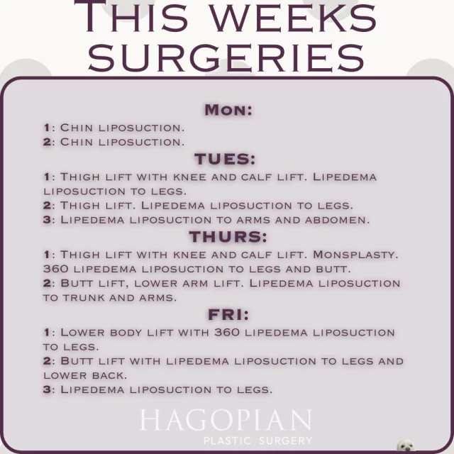 From delicate facial contouring to full-body lift procedures, next week’s schedule highlights the precision and purpose behind every surgery we perform. Monday begins with two chin liposuction cases focused on sculpting and definition. Tuesday brings a full lineup of lower-body procedures, including thigh, knee, and calf lifts paired with lipedema liposuction for improved comfort and movement. On Thursday, we’ll focus on both upper and lower body rejuvenation with arm lifts, monsplasty, and comprehensive 360 lipedema liposuction to the legs and hips. The week wraps up Friday with lift procedures designed to enhance shape and restore balance, including lower body and butt lifts combined with targeted leg and back liposuction. Each case reflects a shared commitment to help patients feel lighter, stronger, and more at ease in their bodies.

If you would like to see your procedure on this list one day make sure to give the office a call to set up your consultation! 📲 (404)885-8542

If you are interested in taking a closer look at any of these procedures I have before and after pictures of many of these on my website 🌐 www.hagopianplasticsurgery.com 

#drthomashagopian #hagopianplasticsurgery #LipedemaAwareness #thisweekssurgeries #plasticsurgery
