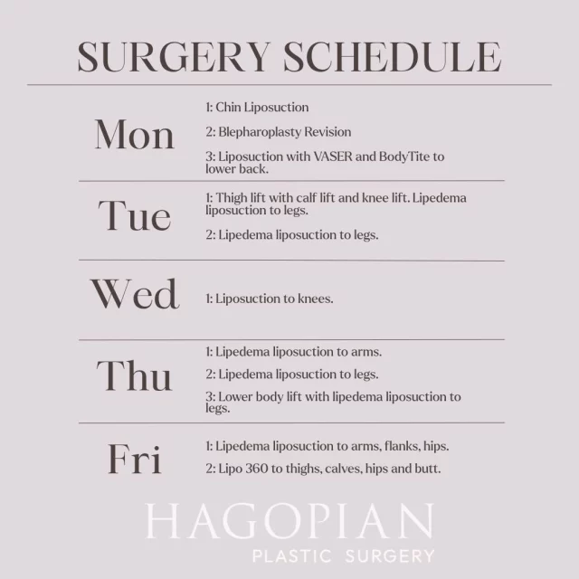 This week brings a wide mix of procedures, each tailored to help patients move and feel better in their bodies. Monday starts with facial refinement through chin liposuction and an upper-eyelid revision, followed by VASER and BodyTite contouring to the lower back. Tuesday shifts the focus to comprehensive lower-body work with a combination of thigh, calf, and knee lifts paired with lipedema liposuction, plus an additional leg-focused case. On Wednesday, we’ll address knee contouring with targeted liposuction. Thursday’s lineup includes upper- and lower-body lipedema liposuction along with a full lower body lift. We’ll wrap up Friday with arm, flank, and hip contouring, finishing the week with a full 360° approach to the thighs, calves, hips, and butt. Every case represents a step toward greater comfort, mobility, and confidence. 

If you would like to see your procedure on this list one day make sure to give the office a call to set up your consultation! 📲 (404)885-8542

If you are interested in taking a closer look at any of these procedures I have before and after pictures of many of these on my website 🌐 www.hagopianplasticsurgery.com 

#drthomashagopian #hagopianplasticsurgery #LipedemaAwareness #thisweekssurgeries #plasticsurgery