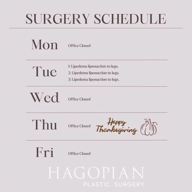 With the holiday week approaching, things look a little different in the OR. Our office will be closed for Thanksgiving, but Tuesday will be a focused surgical day dedicated entirely to helping patients move forward in their lipedema treatment. We’ll be performing three leg-focused lipedema liposuction cases, each tailored to improve comfort, mobility, and overall quality of life. Even in a shortened week, every case is thoughtfully planned to support meaningful progress.

As we head into the holiday, we’re grateful for our patients, their trust, and the strength they bring to this journey. Wishing everyone a safe, restful, and meaningful Thanksgiving week.

If you would like to see your procedure on this list one day make sure to give the office a call to set up your consultation! 📲 (404)885-8542

If you are interested in taking a closer look at any of these procedures I have before and after pictures of many of these on my website 🌐 www.hagopianplasticsurgery.com 

#drthomashagopian #hagopianplasticsurgery #LipedemaAwareness #thisweekssurgeries #plasticsurgery