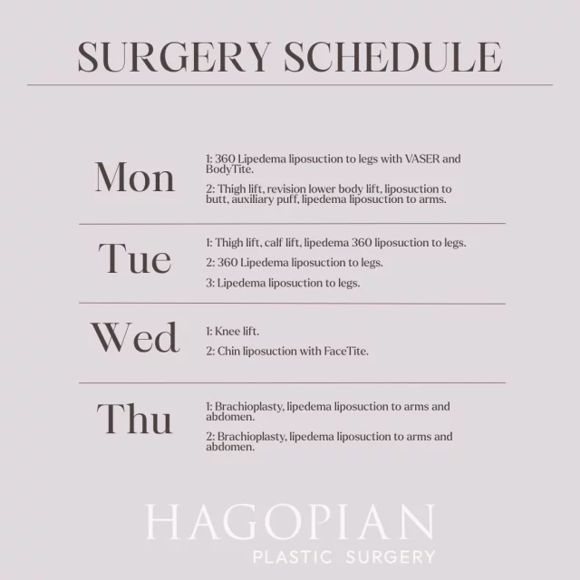 This week in the OR is a busy one, with a strong focus on staged lipedema care and thoughtful contouring from head to toe. Monday starts with comprehensive 360 lipedema liposuction to the legs using VASER and BodyTite, followed by a big restorative case that includes a thigh lift, revision lower body lift, targeted contouring to the butt and axillary area, and lipedema liposuction to the arms. Tuesday keeps the momentum going with a thigh and calf lift paired with 360 leg liposuction, then two additional leg-focused lipedema cases. Wednesday brings more targeted refinement with a knee lift and chin liposuction along with FaceTite for subtle facial definition. We wrap up Thursday with two brachioplasty cases combined with lipedema liposuction to the arms and abdomen. Every case represents someone moving closer to more freedom in their body and daily life, and that is what makes weeks like this so rewarding.

If you would like to see your procedure on this list one day make sure to give the office a call to set up your consultation! 📲 (404)885-8542

If you are interested in taking a closer look at any of these procedures I have before and after pictures of many of these on my website 🌐 www.hagopianplasticsurgery.com 

#drthomashagopian #hagopianplasticsurgery #LipedemaAwareness #thisweekssurgeries #plasticsurgery