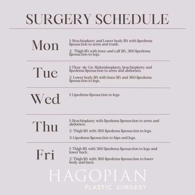This week in the OR is all about thoughtful, staged lipedema care and body contouring that supports both comfort and function. We are starting Monday with a brachioplasty and lower body lift paired with lipedema liposuction to the arms and trunk, followed by a thigh lift with knee and calf lifting plus 360 lipedema liposuction to the legs. Tuesday continues with a fleur de lis abdominoplasty and brachioplasty combined with lipedema liposuction to the arms and abdomen, then a lower body lift with a knee lift and 360 leg liposuction. Wednesday is a focused leg lipedema liposuction day. Thursday brings another brachioplasty with lipedema liposuction to the arms and abdomen, along with thigh lifting and additional hip and leg liposuction. We will close the week Friday with two comprehensive thigh lift cases, each paired with 360 lipedema liposuction to improve contour, mobility, and day to day comfort. Every case is customized to the patient’s goals and needs, and it is meaningful work to be part of these journeys.

If you would like to see your procedure on this list one day make sure to give the office a call to set up your consultation!
📲 (404)885-8542

If you are interested in taking a closer look at any of these procedures I have before and after pictures of many of these on my website
🌐 www.hagopianplasticsurgery.com 

#drthomashagopian #hagopianplasticsurgery #LipedemaAwareness #thisweekssurgeries #plasticsurgery