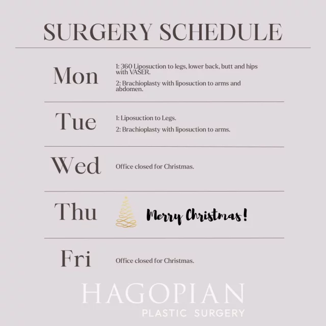 This week brings a shorter but meaningful schedule as we head into the Christmas holiday. Monday focuses on comprehensive lower body contouring with 360 liposuction to the legs, lower back, hips, and butt using VASER, along with a brachioplasty combined with liposuction to the arms and abdomen. Tuesday continues with leg liposuction and an arm-focused brachioplasty. The office will be closed Wednesday through Friday so our team can spend time resting and celebrating with loved ones. Wishing everyone a peaceful, joyful Christmas and a safe holiday week.

If you would like to see your procedure on this list one day make sure to give the office a call to set up your consultation! 📲 (404)885-8542

If you are interested in taking a closer look at any of these procedures I have before and after pictures of many of these on my website 🌐 www.hagopianplasticsurgery.com 

#drthomashagopian #hagopianplasticsurgery #LipedemaAwareness #thisweekssurgeries #plasticsurgery