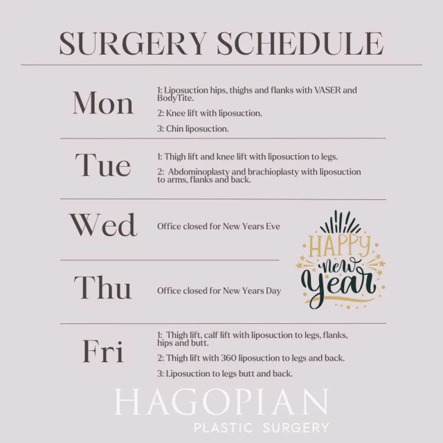 As we close out the year, this week’s schedule includes a mix of body contouring and reconstructive procedures focused on thoughtful, individualized care. Monday features liposuction to the hips, thighs, and flanks with VASER and BodyTite, along with a knee lift and chin liposuction. Tuesday continues with a thigh and knee lift paired with leg liposuction, followed by an abdominoplasty and brachioplasty with liposuction to the arms, flanks, and back. The office will be closed Wednesday and Thursday in observance of the New Year. We’ll wrap up the week on Friday with multiple thigh and calf lift procedures combined with liposuction to the legs, hips, buttocks, and back. Wishing everyone a safe, healthy, and happy New Year as we head into 2026.

If you would like to see your procedure on this list one day make sure to give the office a call to set up your consultation! 📲 (404)885-8542

If you are interested in taking a closer look at any of these procedures I have before and after pictures of many of these on my website 🌐 www.hagopianplasticsurgery.com 

#drthomashagopian #hagopianplasticsurgery #LipedemaAwareness #thisweekssurgeries #plasticsurgery