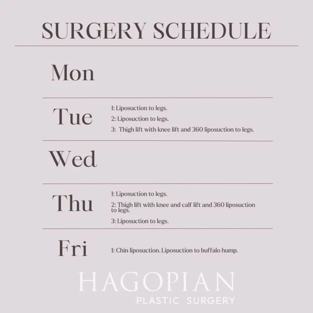 This week’s schedule is all about lower body contouring and creating smoother, more functional results. Tuesday and Thursday are leg-focused days with multiple liposuction cases, including thigh lifts paired with knee and calf lifts and 360 contouring to the legs. We’ll wrap up the week on Friday with chin liposuction along with liposuction to the buffalo hump for improved balance and definition. A full week of precision work and thoughtful planning, all tailored to each patient’s goals and anatomy.

If you would like to see your procedure on this list one day make sure to give the office a call to set up your consultation! 📲 (404)885-8542

If you are interested in taking a closer look at any of these procedures I have before and after pictures of many of these on my website 🌐 www.hagopianplasticsurgery.com 

#drthomashagopian #hagopianplasticsurgery #LipedemaAwareness  #plasticsurgery