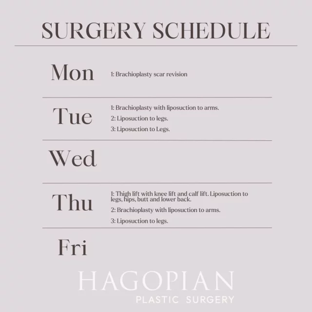 This week’s OR schedule is focused on precision contouring and refinements from head to toe. We’re starting Monday with a brachioplasty scar revision, then Tuesday includes an arm lift with liposuction to the arms along with leg-focused liposuction cases. Thursday is a full day with a thigh lift combined with a knee and calf lift, plus liposuction to the legs, hips, butt, and lower back, along with another brachioplasty with liposuction to the arms and an additional leg lipo case. A busy week of detail work, shape refinement, and functional improvements that can make a real difference in how patients move and feel day to day.

If you would like to see your procedure on this list one day make sure to give the office a call to set up your consultation! 📲 (404)885-8542

If you are interested in taking a closer look at any of these procedures I have before and after pictures of many of these on my website 🌐 www.hagopianplasticsurgery.com 

#drthomashagopian #hagopianplasticsurgery #LipedemaAwareness #plasticsurgery