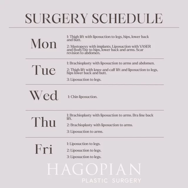 Another full week in the OR, with a wide range of procedures focused on both function and form. This schedule includes thigh lifts, brachioplasty, liposuction to multiple areas, chin liposuction, and a mastopexy with implants, along with advanced contouring using VASER and BodyTite. Many of these cases involve staged surgical plans tailored to each patient’s anatomy, goals, and long-term outcomes. We’re grateful for the trust our patients place in our team and look forward to a busy, purposeful week ahead.

If you would like to see your procedure on this list one day make sure to give the office a call to set up your consultation! 📲 (404)885-8542

If you are interested in taking a closer look at any of these procedures I have before and after pictures of many of these on my website 🌐 www.hagopianplasticsurgery.com 

#drthomashagopian #hagopianplasticsurgery #LipedemaAwareness #plasticsurgery
